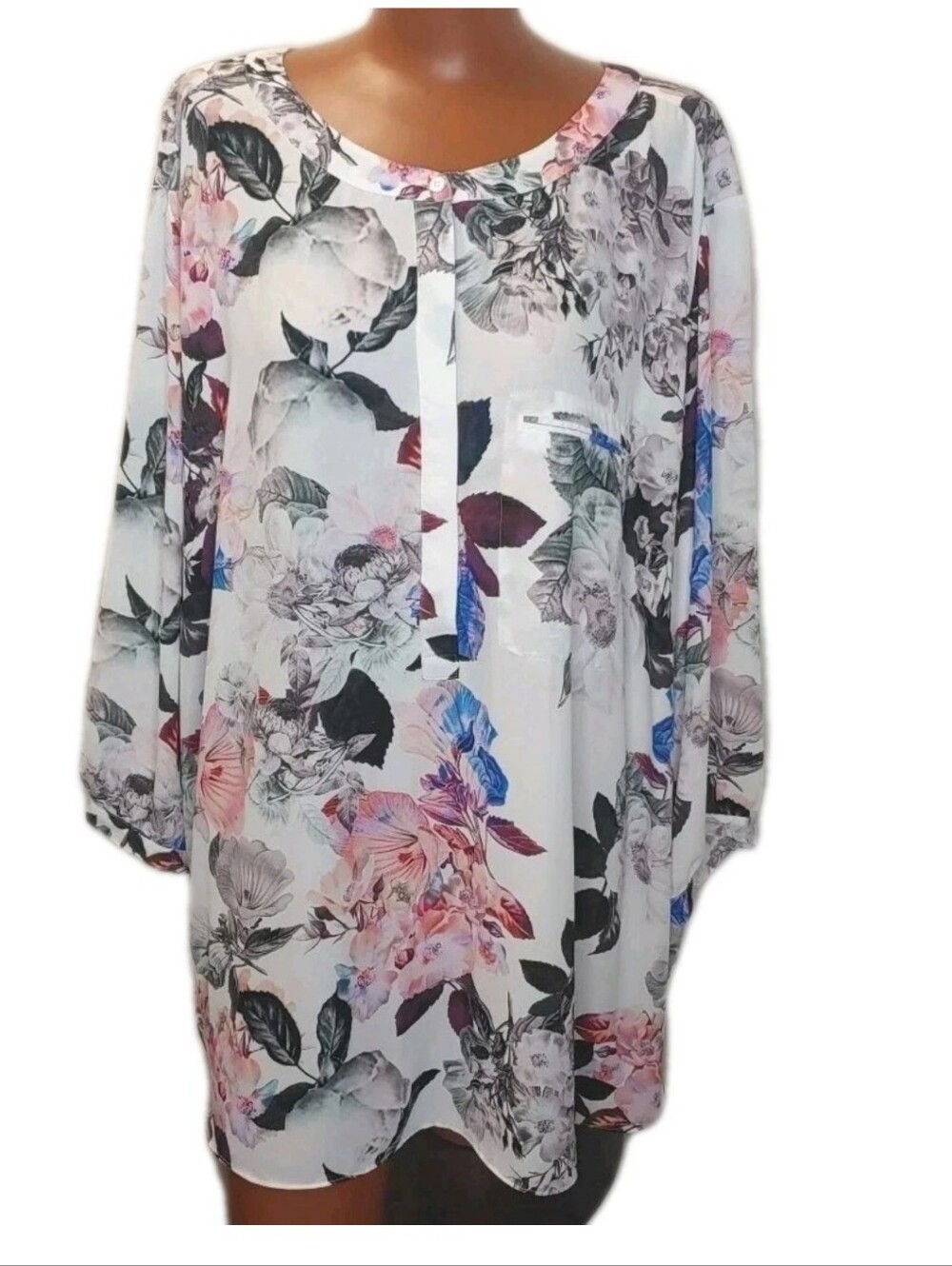 NYDJ Oversized Tunic 3X Chiffon Pintuck White Floral Cottage Feminine Popover